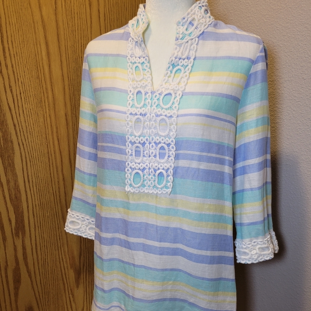 Peck & Peck Striped Linen Tunic Pastel Size M Blue, Yellow, White, Teal Spring